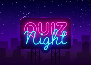 Gece duyuru poster vektör tasarım şablonu quiz. Gece neon tabela, ışık afiş quiz. Pub quiz pub ya da bar, gece kulübü düzenledi. Soru oyun parlak ışık işareti. Vektör Billboard