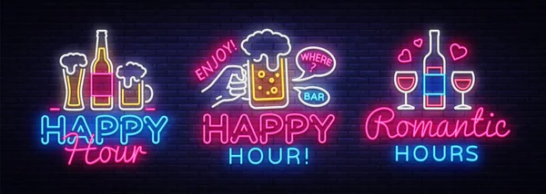 Happy Hour neon Meld collectie vector. Happy Hour ontwerp sjabloon neon teken, avond diner, feest lichte banner, neon uithangbord, nachtelijke helder reclame, lichte inscriptie. Vectorillustratie — Stockvector