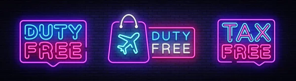Duty Free neon signboard collection vector. Tax free neon glowing letters shining, Light Banner, neon text. Vector illustration. Billboard — Stock Vector