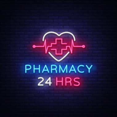 Eczane neon işareti vektör. Eczane 24 saat tasarım şablonu neon tabela, ışık afiş, neon tabela, parlak reklam, her gece ışık yazıt. Vektör çizim