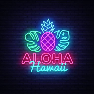Aloha neon işareti vektör. Aloha Hawaii tasarım şablonu neon tabela, yaz ışık afiş, neon tabela, parlak reklam, her gece yazıt ışık. Vektör çizim