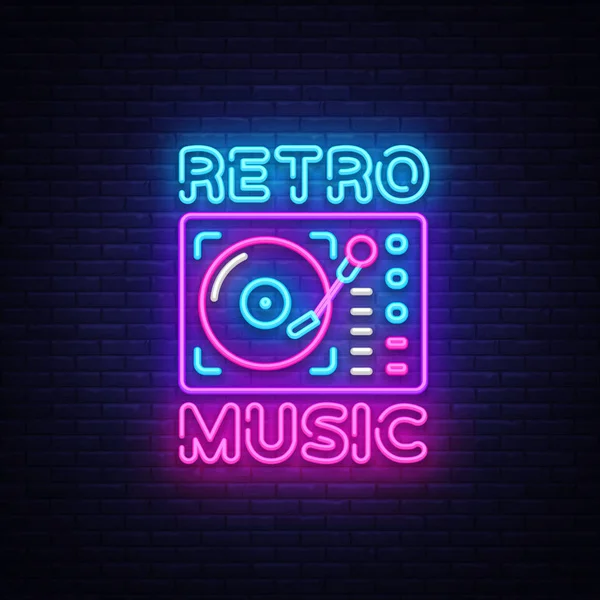 Retro müzik neon işareti vektör. Retro müzik tasarım şablonu neon tabela, Retro tarzı 80-90'lı yılların, kutlama ışık afiş, gramofon neon tabela, parlak reklam, her gece yazıt ışık. Vektör — Stok Vektör