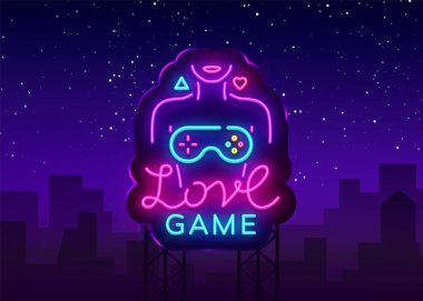 Video oyunları kavramsal Logo vektör. Oyun neon tabela, modern trend tasarım, parlak vektör çizim, promosyon karakter Oyunlar, ışık afiş seviyorum. Vektör çizim. Billboard
