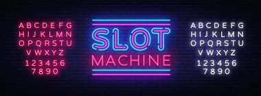 Slot makinesidir işareti vektör tasarım şablonu. Slot makinesidir neon logo, ışık afiş tasarım öğesi renkli modern tasarım trend, gece parlak reklam, parlak işareti. Vektör. Metin neon işareti düzenleme