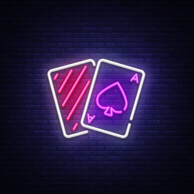 Poker neon işareti vektör. Casino Poker tasarım şablonu neon tabela, ışık afiş, neon tabela, parlak reklam, her gece sembolü ışık. Vektör çizim