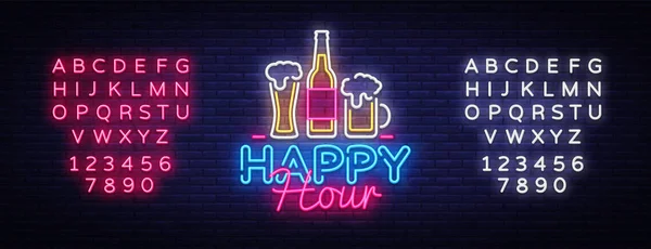 Happy Hour neon sign vector. Happy Hour Design template neon sign, Night Dinner, perayaan panji cahaya, neon signboard, iklan malam, tulisan ringan. Vektor. Menyunting tanda teks neon - Stok Vektor