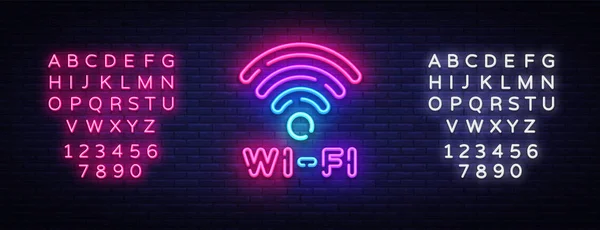 Vettore di segnale al neon Wifi. Simbolo Wifi lettere luminose al neon brillanti, insegna di luce, testo al neon. Illustrazione vettoriale. Cartellone. Modifica testo neon segno — Vettoriale Stock