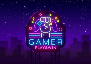 Oyun oynamak kazanmak logo neon işareti vektör logo tasarım şablonu. Oyun gecesi logo neon tarzı, gamepad elinde, modern trend tasarım, ışık afiş, parlak gece hayatı reklam. Vektör Billboard