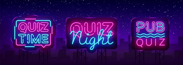 Gece koleksiyonu duyuru poster vektör tasarım şablonu quiz. Gece neon tabela, ışık afiş quiz. Kafeler, barlar, gece kulübü pub quiz düzenledi. Pub takım oyunu. Vektör Billboard
