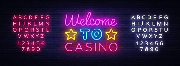 Benvenuto nel modello di progettazione vettoriale del segno del casinò. Casinò neon logo, elemento di design banner luce colorato tendenza del design moderno, notte pubblicità luminosa, segno luminoso. Vettore. Modifica testo neon segno — Vettoriale Stock