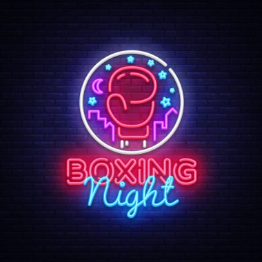 Boks neon işareti vektör. Gece tasarım boks şablon neon tabela, mücadele ışık afiş, neon tabela, modern trend tasarım, parlak reklam, her gece ışık yazıt. Vektör çizim.