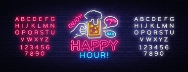 Happy Hour neon işareti vektör. Happy Hour tasarım şablonu neon işareti, gece yemeği, kutlama ışık afiş, her gece reklam, neon tabela, ışık yazıt. Vektör. Metin neon işareti düzenleme