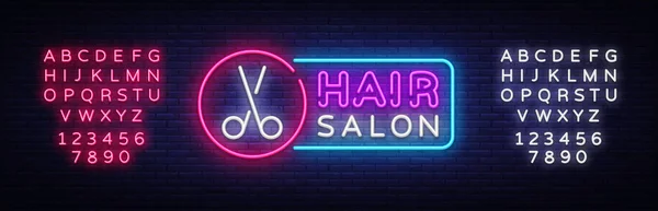 Hair Salon neon znak wektora. Hairdress projekt szablonu neon znak, światła transparent, neonowy szyld, Cejrowski, jasne reklama, światło napis. Ilustracja wektorowa. Edycja tekstu neon znak — Wektor stockowy