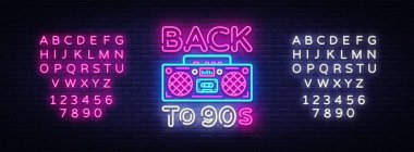 Back to 90s neon poster, card or invitation, design template. Retro tape recorder neon sign, light banner. Back to the 90s. Vector illustration in trendy 80s-90s neon style. Editing text neon sign clipart