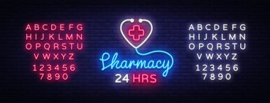 Eczane neon işareti vektör. Eczane 24 saat tasarım şablonu neon tabela, ışık afiş, neon tabela, parlak reklam, her gece ışık yazıt. Vektör çizim. Metin neon işareti düzenleme