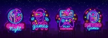 Video oyunları logoları koleksiyonu neon işareti vektör tasarım şablonu. Kavramsal Vr oyun, Retro Oyun gece logo neon tarzı, gamepad elinde, modern trend tasarım, ışık afiş. Vektör Billboard