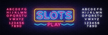 Yuvaları Oyun neon işareti vektör. Slot makinesi tasarım şablonu neon tabela, ışık afiş, neon tabela, parlak reklam, her gece yazıt ışık. Vektör çizim. Metin neon işareti düzenleme