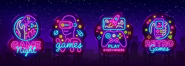 Video Games logos collection neon sign Vector design template. Conceptual Vr games, Retro Game night logo in neon style, gamepad in hand, modern trend design, light banner. Vector Billboard — Stock Vector