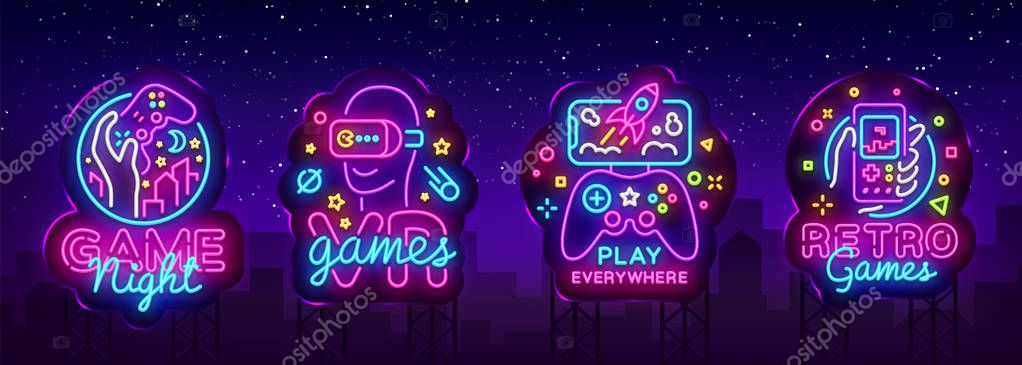 Video Games logos collection neon sign Vector design template. Conceptual Vr games, Retro Game night logo in neon style, gamepad in hand, modern trend design, light banner. Vector Billboard.