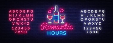 Romantik bir akşam yemeği neon işareti vektör. Romantik saat logo, Modern Trend tasarım, amblem vektör şablon, ışık afiş, gece romantikler, tasarım öğesi. Vektör. Metin neon işareti düzenleme