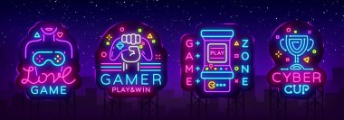 Video oyun neon işareti koleksiyonu vektör. Kavramsal logo, aşk oyunu, oyun logo, Oyun Zone, Cyber spor amblemi vektör şablonu, Modern Trend Tasarla ışık afiş, tasarım öğesi içinde. Vektör Billboard