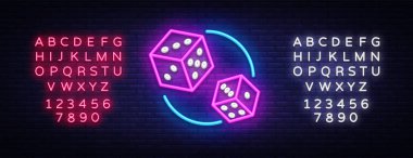 Zar Neon işareti vektör tasarım şablonu. Zar oyunu semboller neon logo, ışık afiş tasarım öğesi renkli modern tasarım trend, gece parlak reklam, parlak işareti. Vektör. Metin neon işareti düzenleme