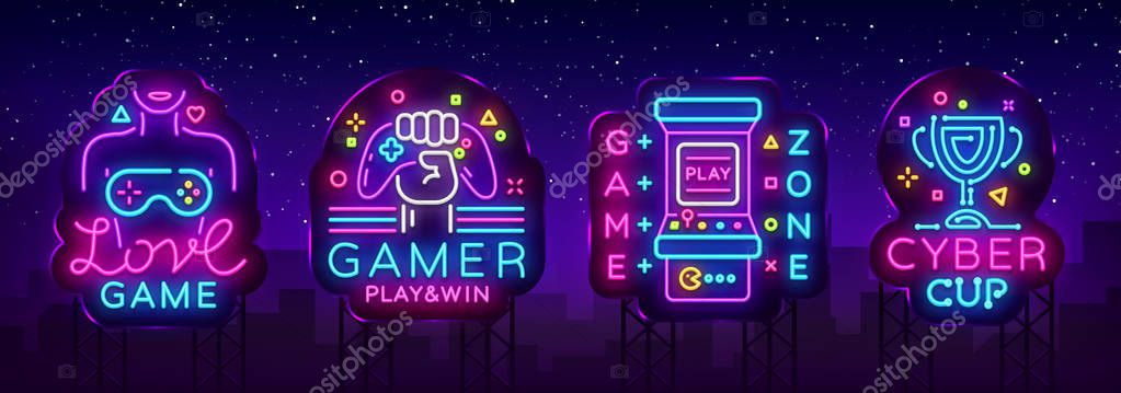 Video Game neon sign collection vector. Conceptual Logos, Love Game, Gamer logo, Game Zone, Cyber sport Emblem in Modern Trend Design, Vector Template, Light Banner, Design Element. Vector Billboard.