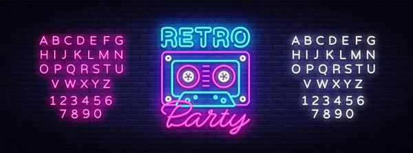 Retro Party Neon Poster, Karte oder Einladung, Design-Vorlage. Retro-Tonbandkassetten Leuchtreklame, Lichtbanner. zurück in die 90er Jahre. Vektorillustration im Stil. Bearbeiten von Text Leuchtreklame — Stockvektor