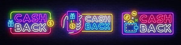 Cash Back неоновые знаки сбора векторного дизайна шаблона. Символы Cash Back неоновый логотип, элемент светлого баннера красочный современный дизайн тренд, ночная яркая реклама, яркий знак. Вектор — стоковый вектор