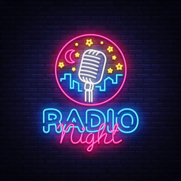 Radyo gece Neon Logo vektör. Radyo gece neon tabela, tasarım şablonu, modern trend tasarım, radyo neon tabela, gece parlak reklam, ışık afiş, ışık sanat. Vektör çizim — Stok Vektör