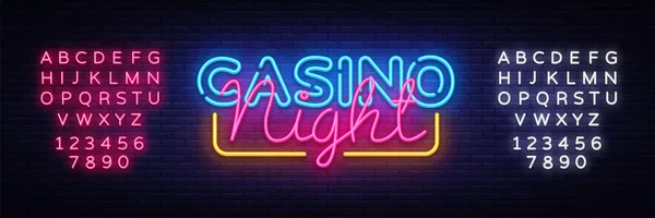 Casino Night Neon znak wektora szablon projektu. Kasyno neon logo, lekkie transparent projekt element kolorowy design nowoczesny trend, noc jasny reklamy, jasny znak. Wektor. Edycja tekstu neon znak — Wektor stockowy