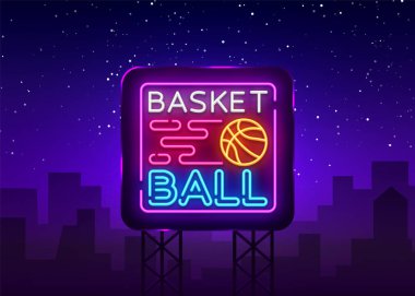 Basketbol gece Neon Logo vektör. Basketbol neon tabela, tasarım şablonu, modern trend tasarım, spor neon tabela, gece parlak reklam, ışık afiş, ışık sanat. Vektör çizim. Billboard