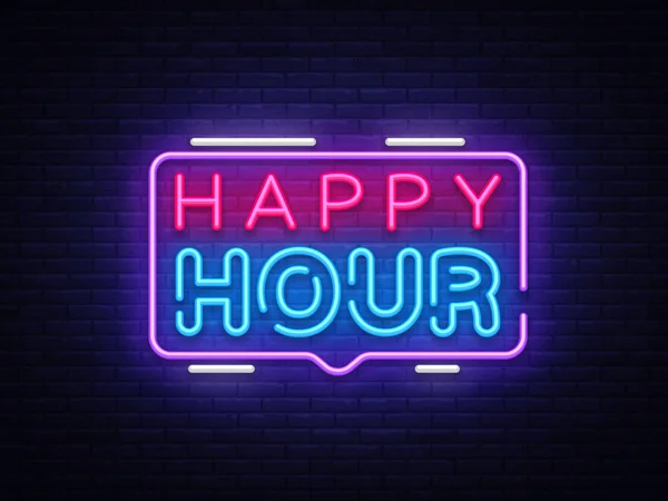 Happy Hour Leuchtreklame Vektor Design-Vorlage. Happy Hour Neon-Logo, Lichtbanner Design-Element bunte moderne Design-Trend, Nacht helle Werbung, helle Zeichen. Vektorillustration — Stockvektor