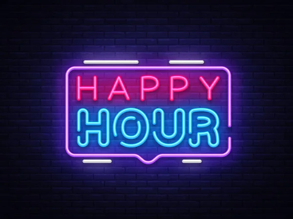Happy Hour neon tabela tasarım şablonu vektör. Happy Hour neon logo, ışık afiş tasarım öğesi renkli modern tasarım trend, gece parlak reklam, brightsign. Vektör çizim