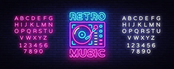 Retro-Musik Leuchtreklame Vektor. Retro-Musik-Design-Vorlage Leuchtreklame, Retro-Stil 80-90er Jahre, Feier-Lichtbanner, Grammophon-Leuchtreklame, nächtliche Werbung. Vektor. Bearbeiten von Text Leuchtreklame — Stockvektor