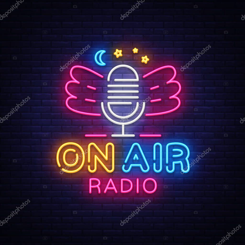 On Air Radio Neon Logo Vector. Radio neon sign, design template, modern trend design, night neon signboard, night bright advertising, light banner, light art. Vector illustration.