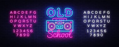 Eski okul neon işareti vektör. Retro müzik şablonu neon tabela, Retro tarzı 80-90s, kutlama ışık banner, kayıt cihazı neon tabela tasarımı, yazıt yak. Vektör. Metin neon işareti düzenleme