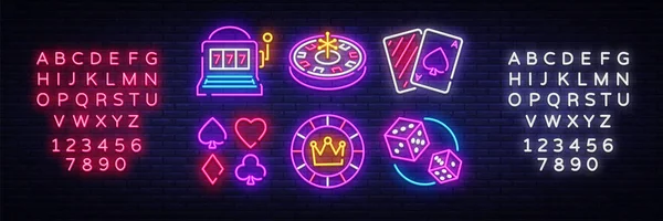 Ícones do vetor da coleção do neon do casino. Casino Emblems and Labels, Sinal de néon brilhante, Máquina de fenda, Roleta, Poker, Jogo de dados. Ilustração vetorial. Edição de texto sinal de néon — Vetor de Stock