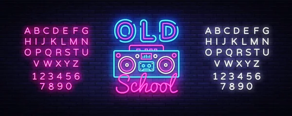 Velha escola neon sinal vetor. Retro Music Design modelo sinal de néon, Estilo Retro 80-90, banner luz celebração, gravador de fita placa de néon, inscrição de luz. Vector. Edição de texto sinal de néon —  Vetores de Stock