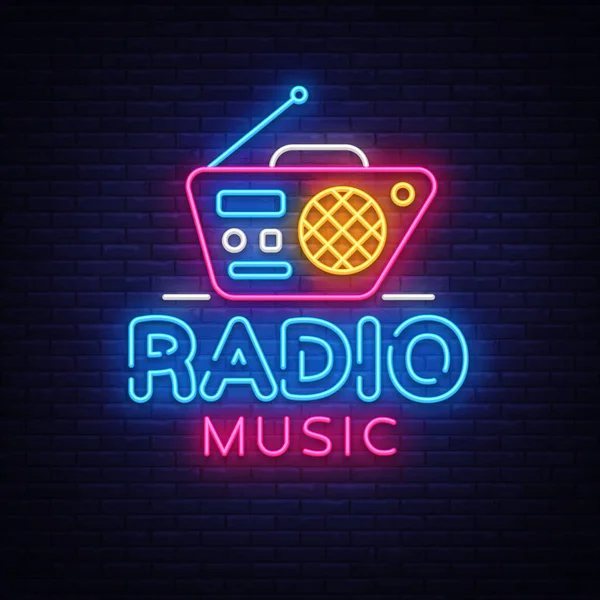 Radio Música Neon Logo Vector. Radio Night letrero de neón, plantilla de diseño, diseño de tendencia moderna, letrero de neón de radio, publicidad brillante noche, banner de luz, arte de la luz. Ilustración vectorial — Vector de stock
