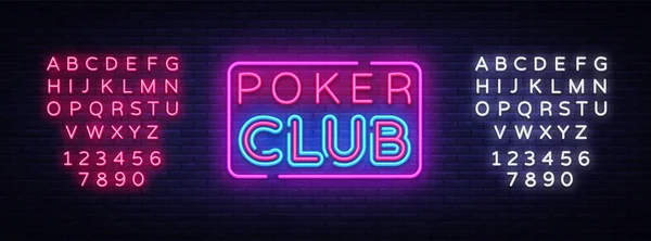 Poker Club signo de diseño de vectores plantilla. Logo de neón Poker Club, elemento de diseño de banner de luz colorida tendencia de diseño moderno, noche brillante publicidad, signo brillante. Vector. Edición de texto signo de neón — Archivo Imágenes Vectoriales