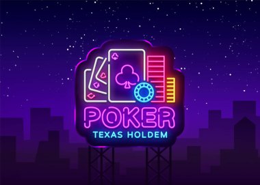 Poker neon tabela tasarım vektör şablonu. Casino Poker Texas Holdem gece Logo, parlak Neon tabela, tasarım öğesi Casino, kumar Neon, gece parlak reklam için. Vektör. Billboard