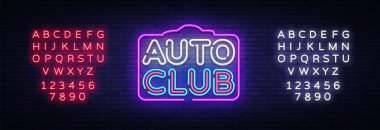 Auto Club neon işareti vektör. Araba servisi tasarım şablonu neon tabela, ışık afiş, neon tabela, her gece parlak reklam, ışık yazıt. Vektör çizim. Metin neon işareti düzenleme