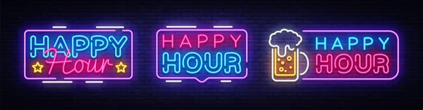 Happy Hour neon afiş koleksiyonu vektör tasarım şablonu. Happy Hour neon metin, ışık afiş tasarım öğesi renkli modern tasarım trend, gece parlak reklam, parlak işareti. Vektör çizim — Stok Vektör