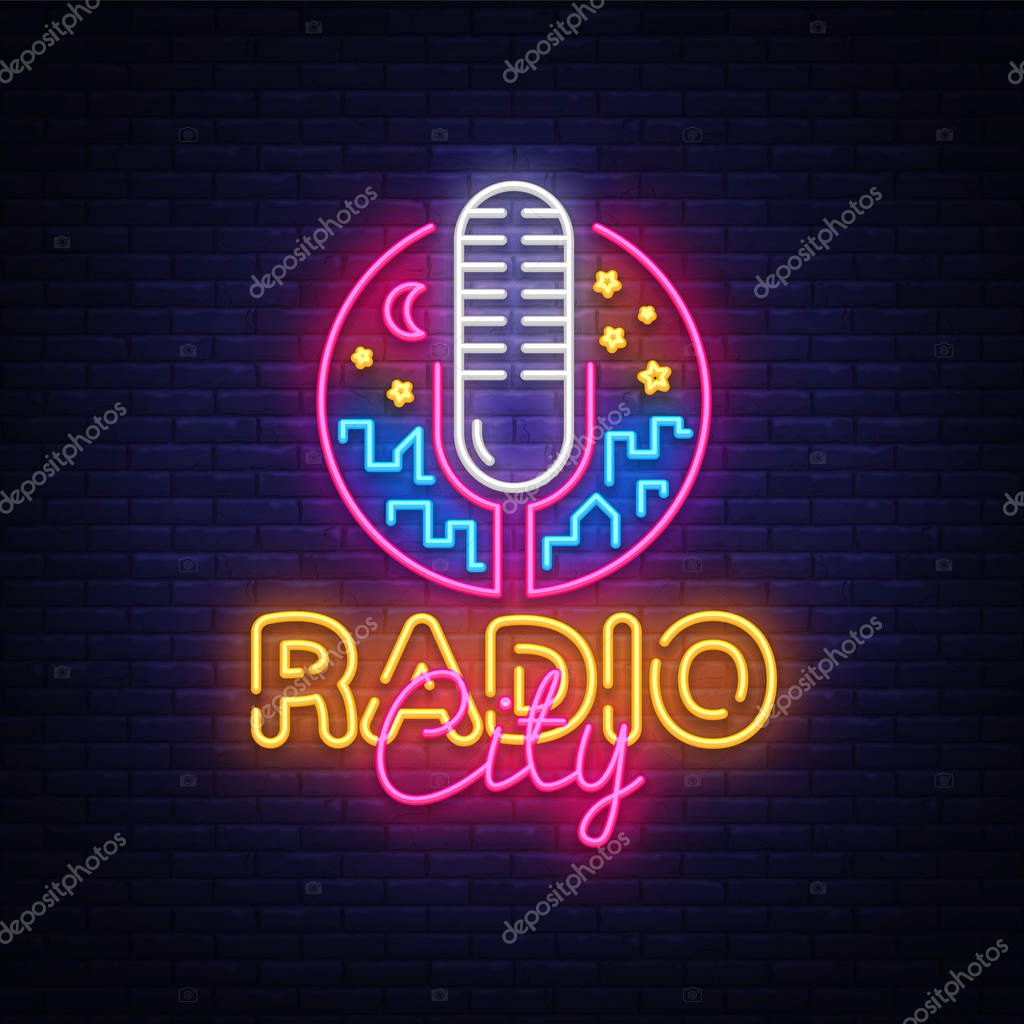 Radio Neon Logo Vector. Radio City neon sign, design template, modern trend design, night neon signboard, night bright advertising, light banner, light art. Vector illustration.