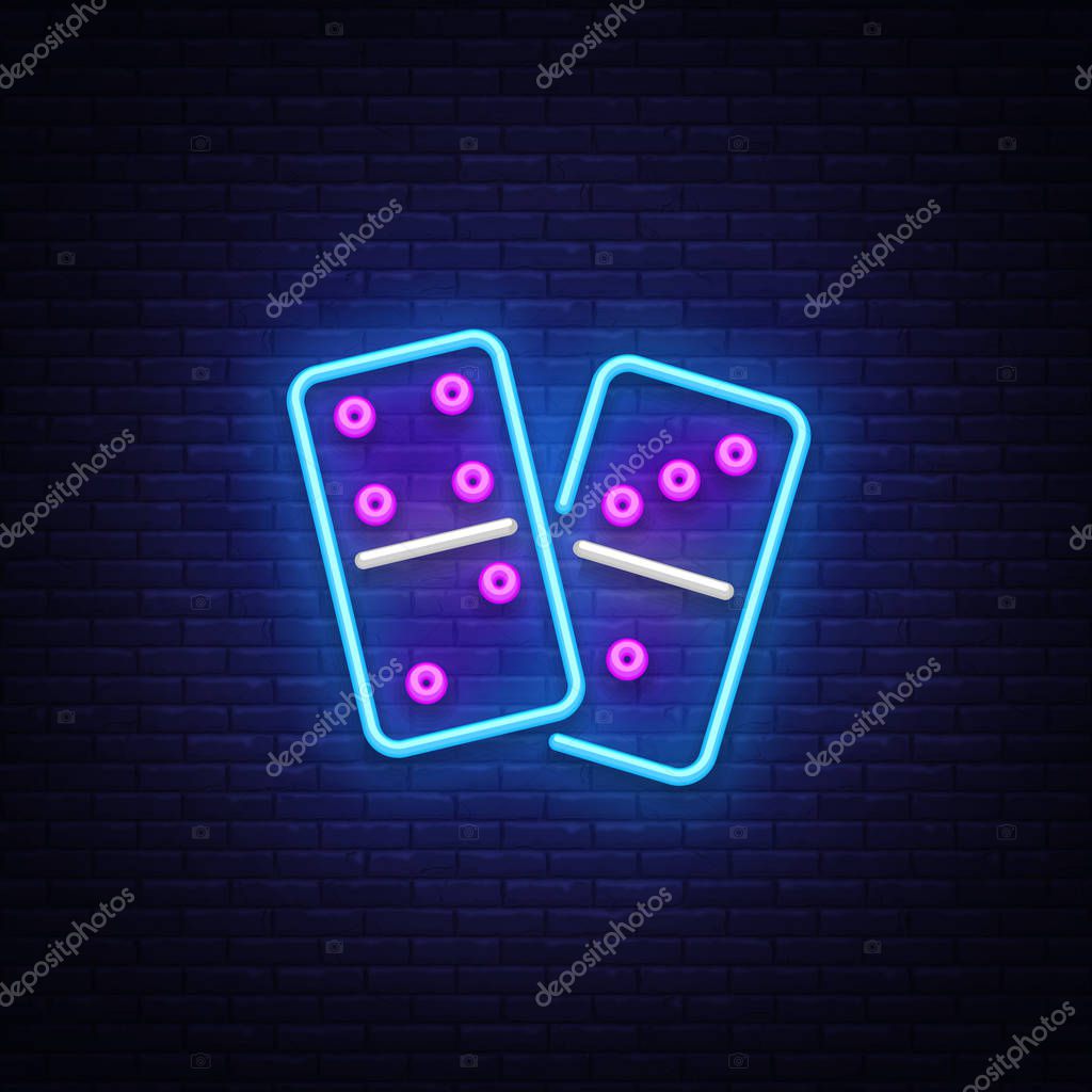 Domino Neon Logo Vector. Domino neon sign, design template, modern trend design, night neon signboard, night bright advertising, light banner, light art. Vector illustration.