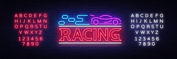 Modelo de design vetorial de sinal de corrida. Street Racing neon text, light banner design element colorful modern design trend, night bright advertising, bright sign. Vector. Edição de texto sinal de néon — Vetor de Stock