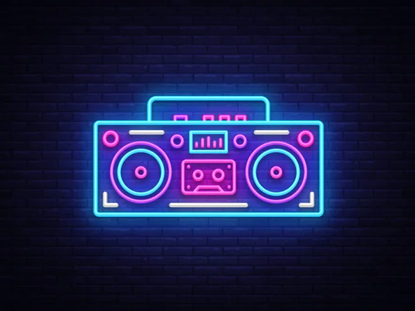 Tape recorder neon signboard vector. Retro Music neon glowing symbol, Retro Style 80-90s Light Banner, neon icon, design element. Vector illustration — Stock Vector