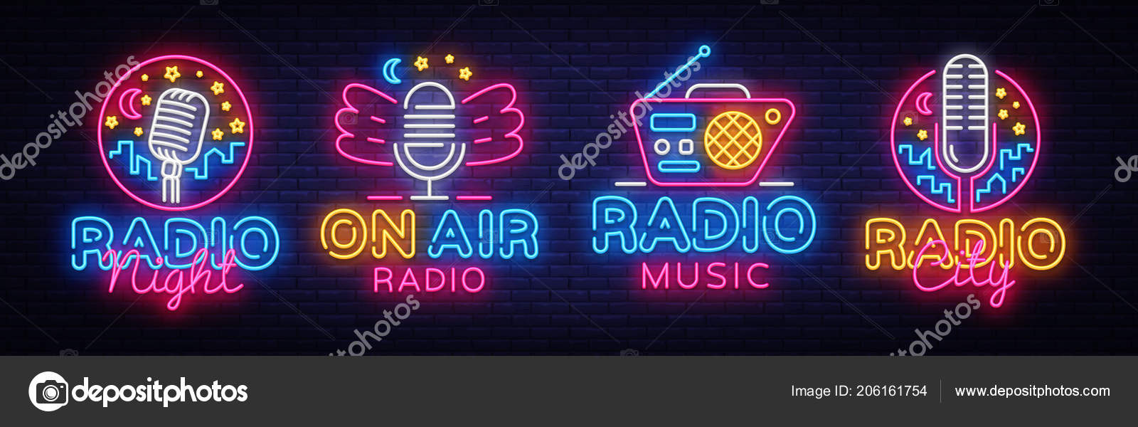 radio neon sign collection vector radio night neon logos design