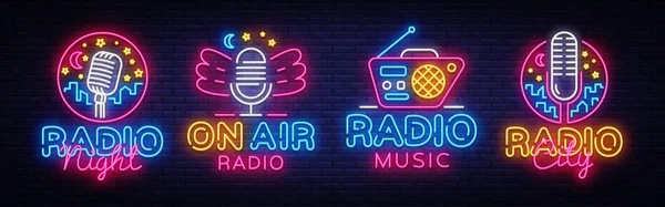 Radio Neon Sign colección Vector. Logotipos de neón de noche de radio, plantilla de diseño, diseño de tendencia moderna, letrero de neón de radio, publicidad brillante noche, banner de luz, arte de la luz. Ilustración vectorial — Vector de stock